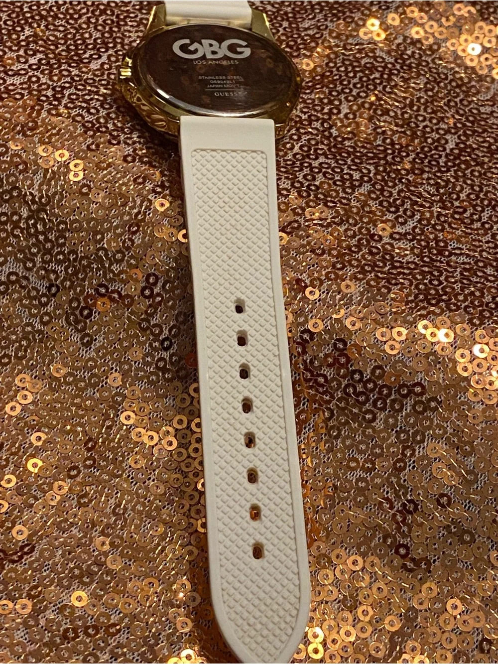 Guess G by Guess White & Gold Crystal Accent Watch | Silicone Strap | Fresh Luxe